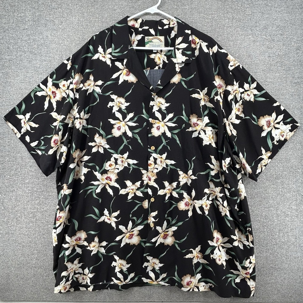 Paradise Found Hawaiian Shirt Men Sz XXXL Black Floral Short Sleeve Vintage USA